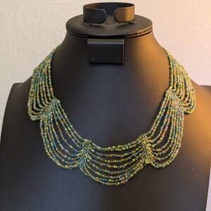 Hand Made Green Blue Seed Bead Collar Necklace